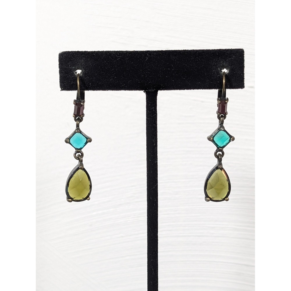 N.R. Bronze Tone Green Faceted Crystal Leverback‎ Dangle Earrings Signed